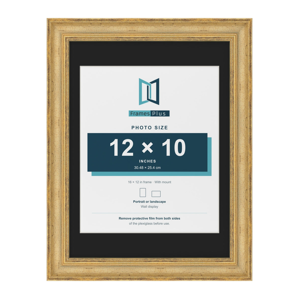 Cassis Gold 16 x 12 inch picture frame with a black mount for a 12 x 10 inch photo