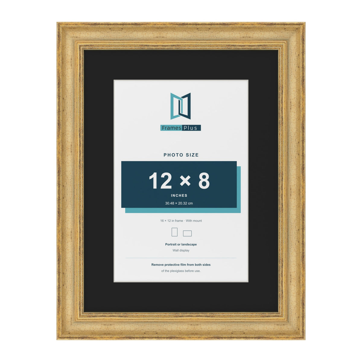 Cassis Gold 16 x 12 inch picture frame with a black mount for a 12 x 8 inch photo