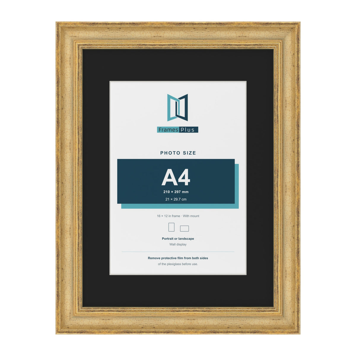 Cassis Gold 16 x 12 inch picture frame with a black mount for an A4 photo