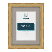 Cassis Gold 16 x 12 inch picture frame with a dawn grey mount for a 12 x 8 inch photo