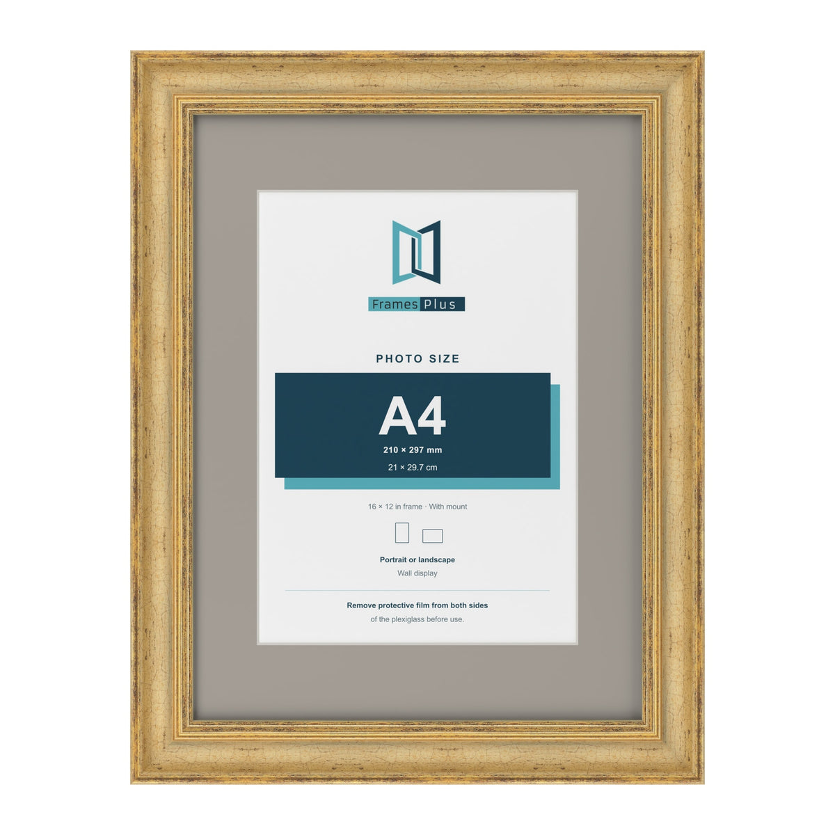 Cassis Gold 16 x 12 inch picture frame with a dawn grey mount for an A4 photo
