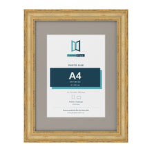 Cassis Gold 16 x 12 inch picture frame with a dawn grey mount for an A4 photo