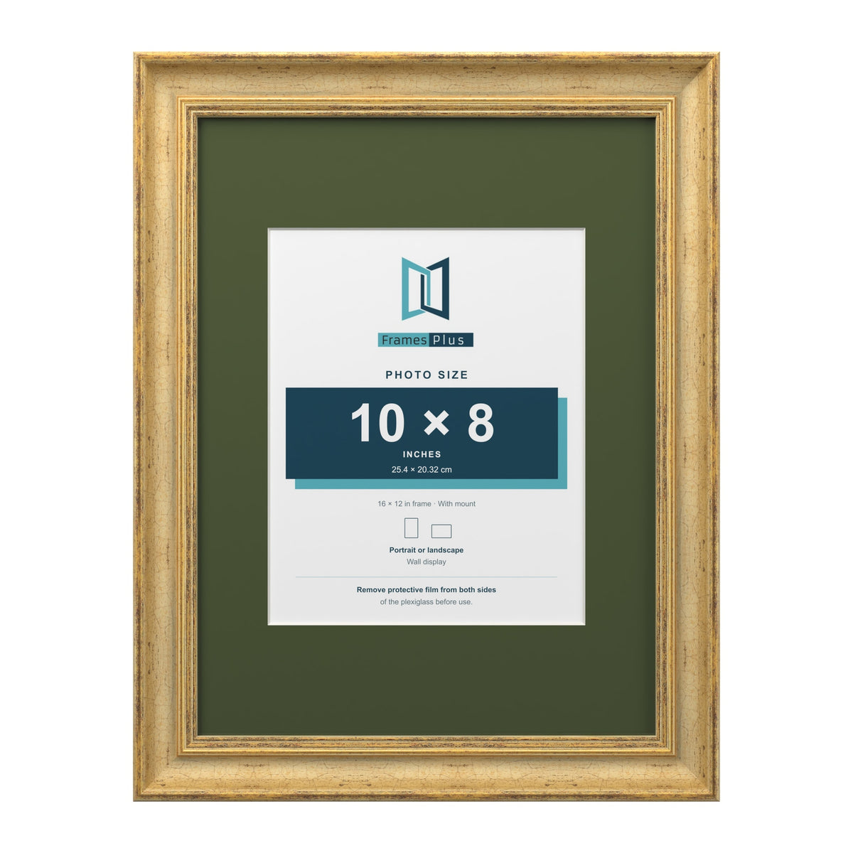 Cassis Gold 16 x 12 inch picture frame with a green mount for a 10 x 8 inch photo