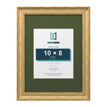 Cassis Gold 16 x 12 inch picture frame with a green mount for a 10 x 8 inch photo