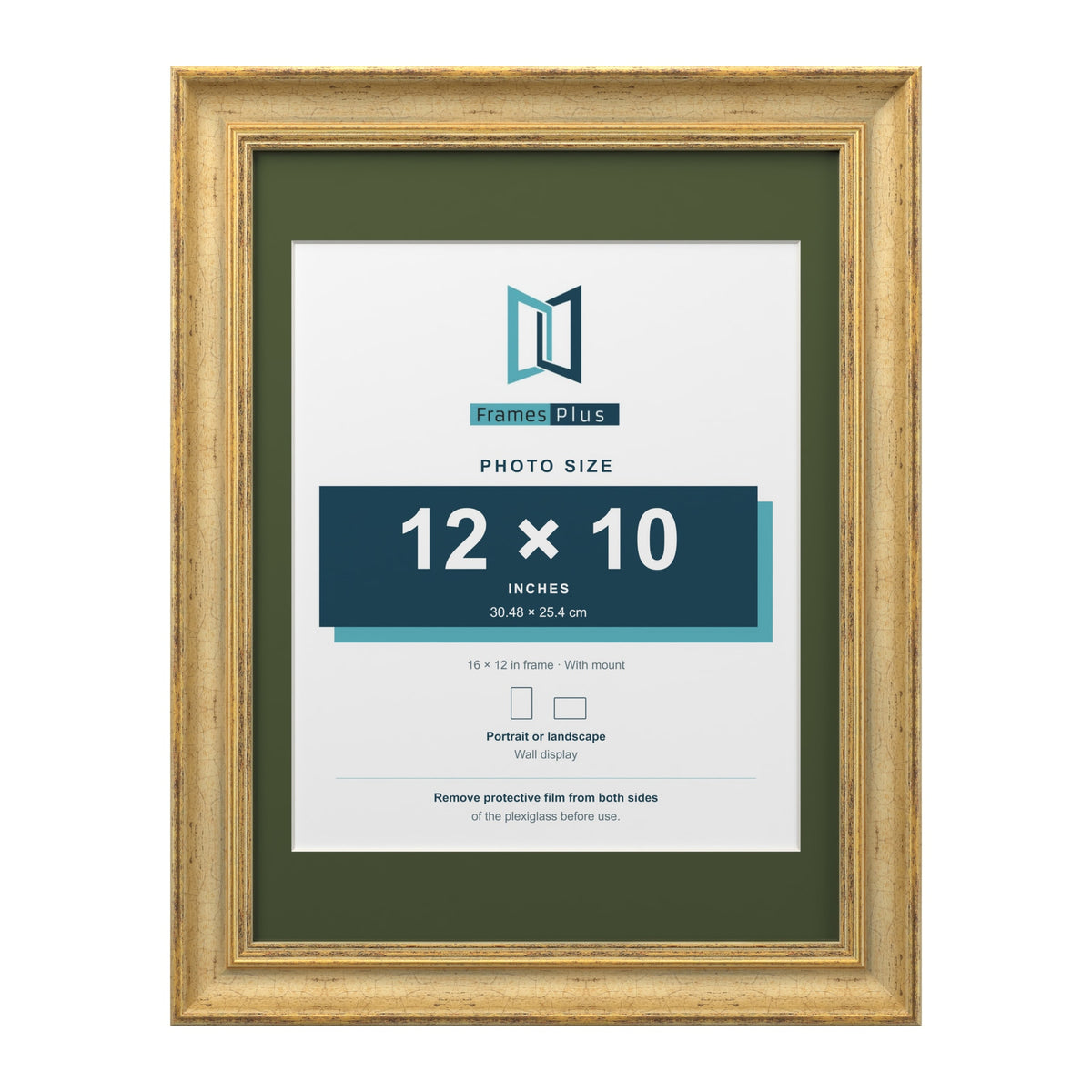 Cassis Gold 16 x 12 inch picture frame with a green mount for a 12 x 10 inch photo
