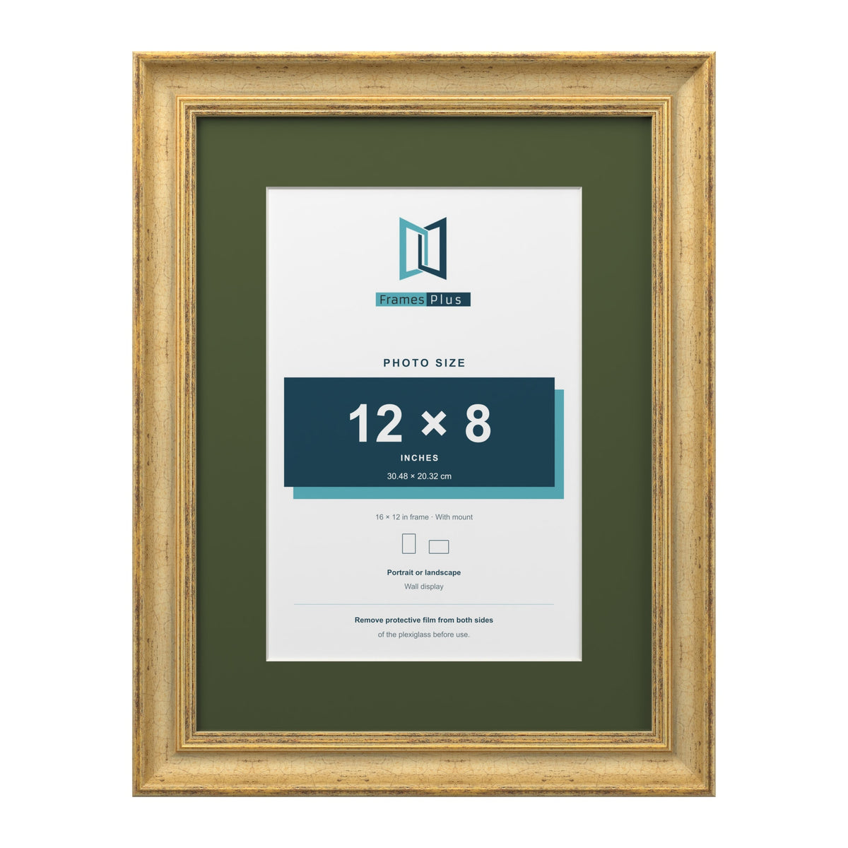 Cassis Gold 16 x 12 inch picture frame with a green mount for a 12 x 8 inch photo