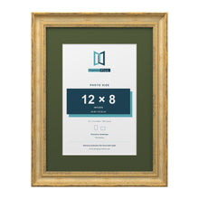 Cassis Gold 16 x 12 inch picture frame with a green mount for a 12 x 8 inch photo