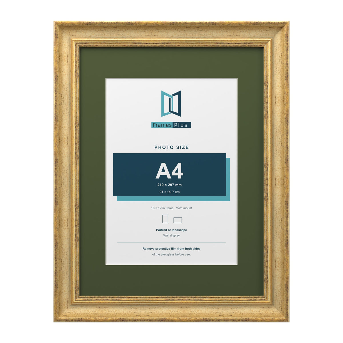 Cassis Gold 16 x 12 inch picture frame with a green mount for an A4 photo