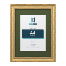 Cassis Gold 16 x 12 inch picture frame with a green mount for an A4 photo