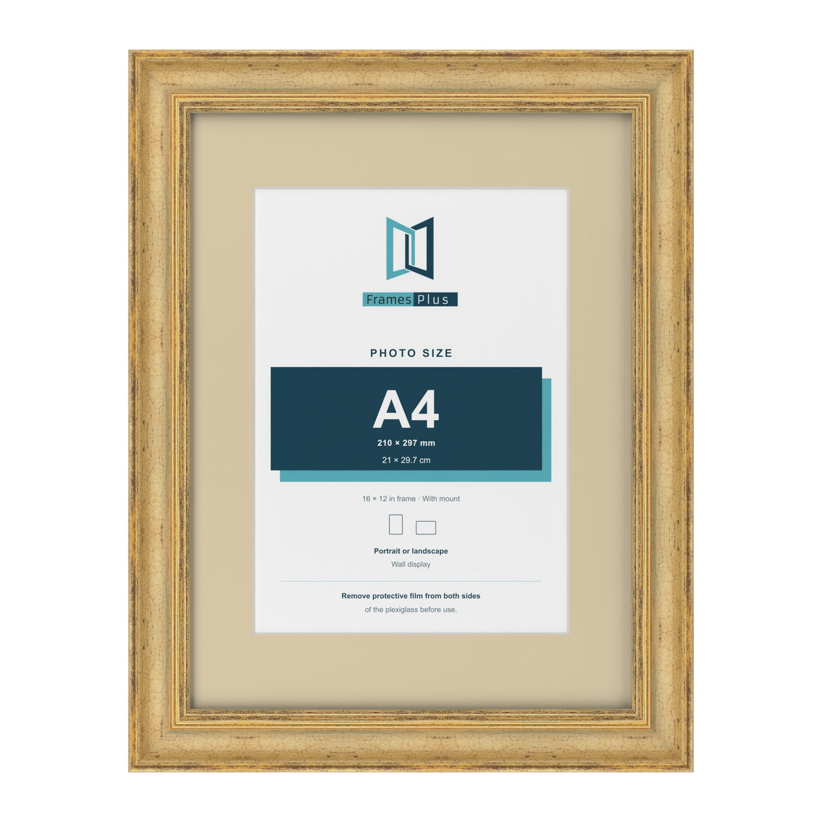 Cassis Gold 16 x 12 inch picture frame with an ivory mount for an A4 photo