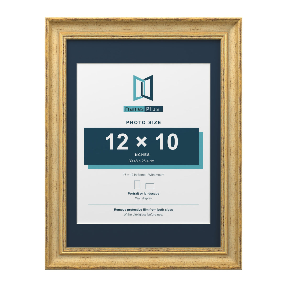 Cassis Gold 16 x 12 inch picture frame with a pacific blue mount for a 12 x 10 inch photo