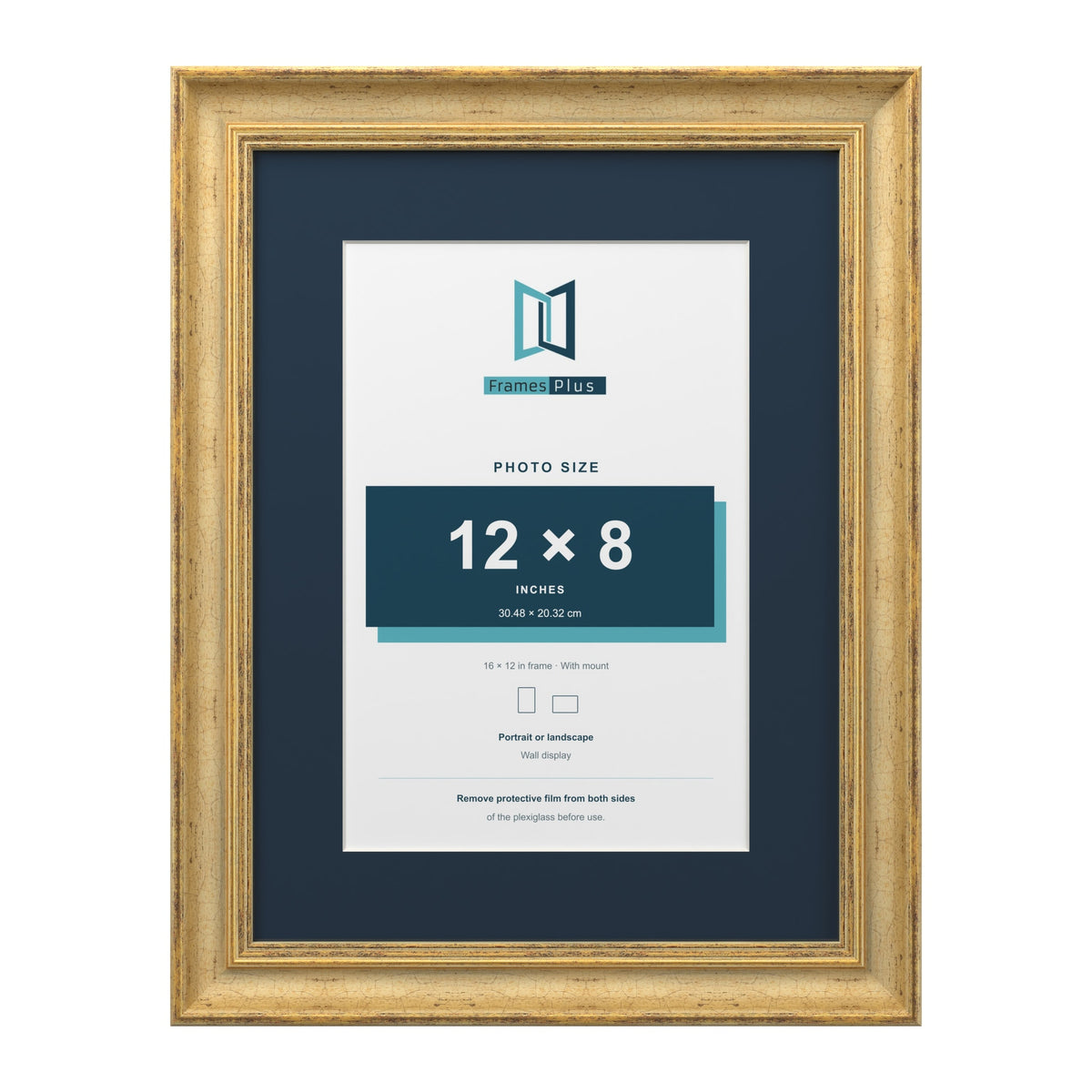 Cassis Gold 16 x 12 inch picture frame with a pacific blue mount for a 12 x 8 inch photo