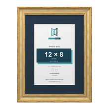 Cassis Gold 16 x 12 inch picture frame with a pacific blue mount for a 12 x 8 inch photo