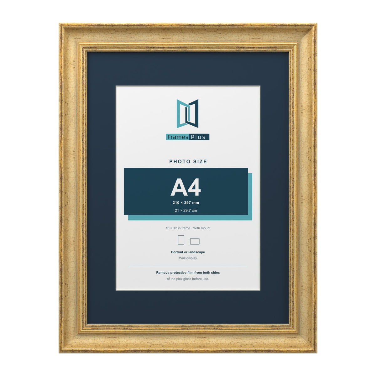 Cassis Gold 16 x 12 inch picture frame with a pacific blue mount for an A4 photo