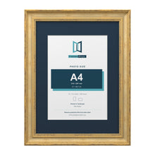 Cassis Gold 16 x 12 inch picture frame with a pacific blue mount for an A4 photo