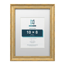 Cassis Gold 16 x 12 inch picture frame with a white mount for a 10 x 8 inch photo