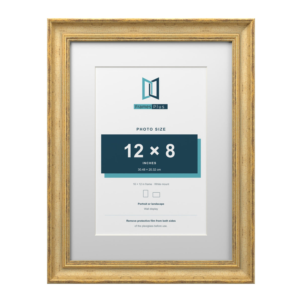 Cassis Gold 16 x 12 inch picture frame with a white mount for a 12 x 8 inch photo