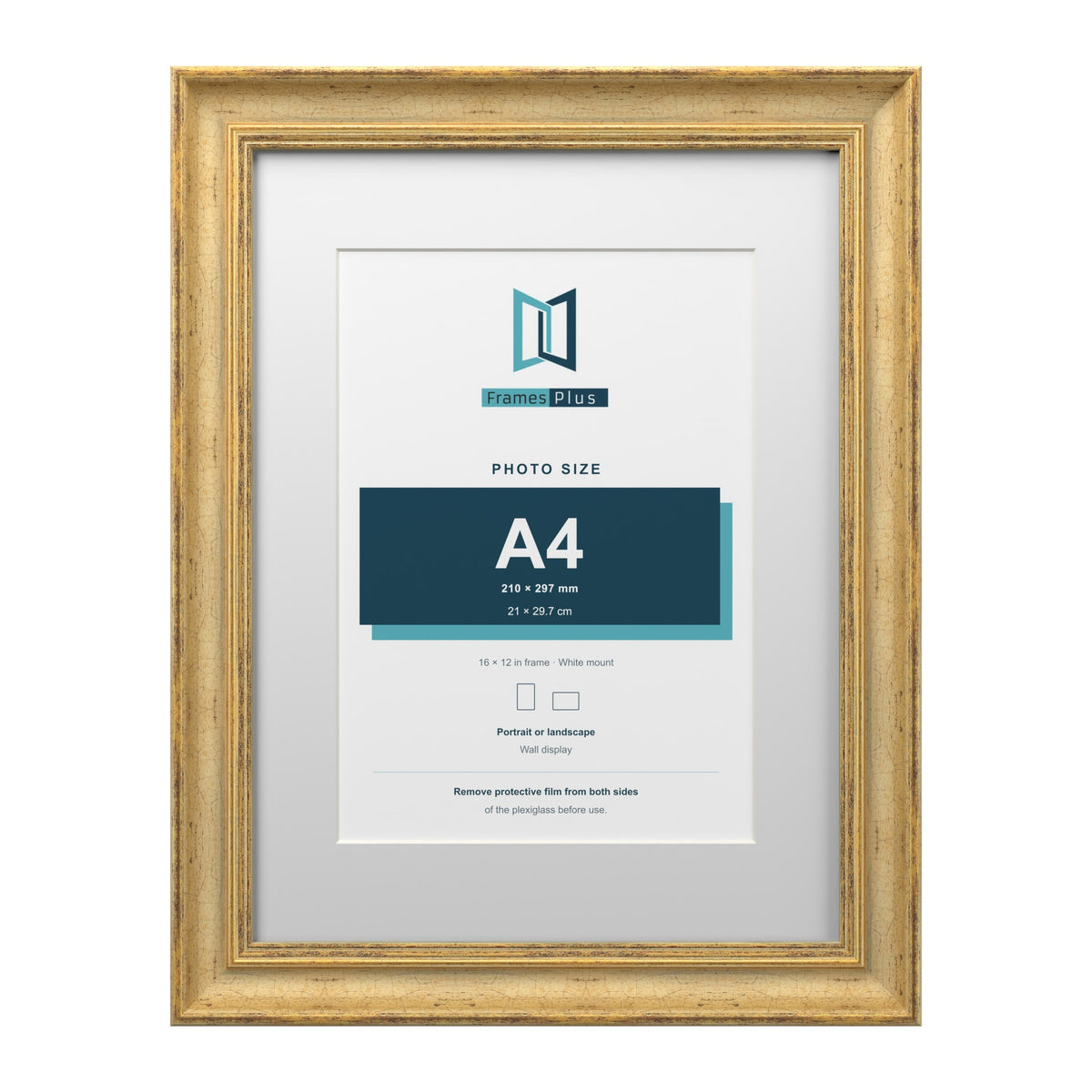 Cassis Gold 16 x 12 inch picture frame with a white mount for an A4 photo