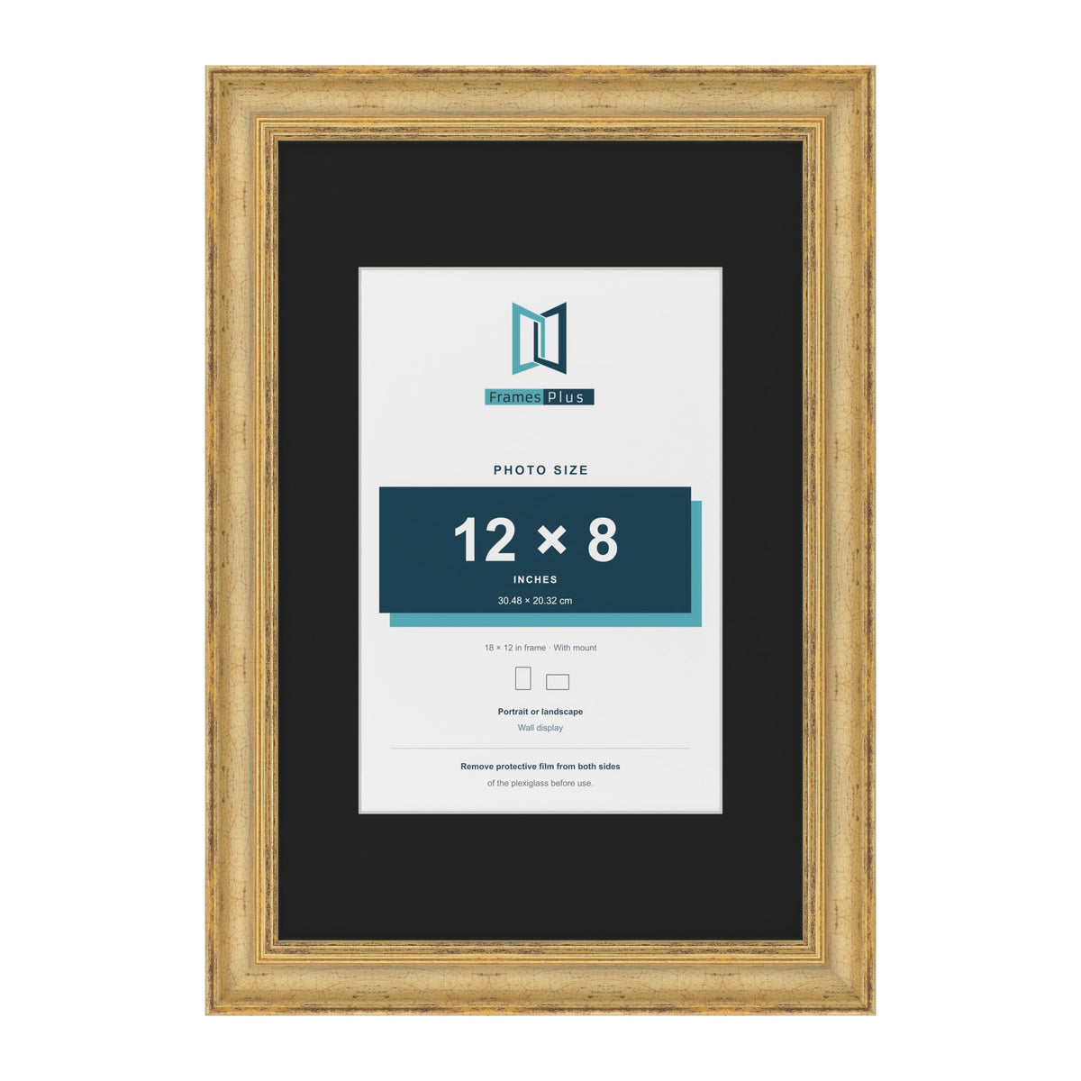 Cassis Gold 18 x 12 inch picture frame with a black mount for a 12 x 8 inch photo