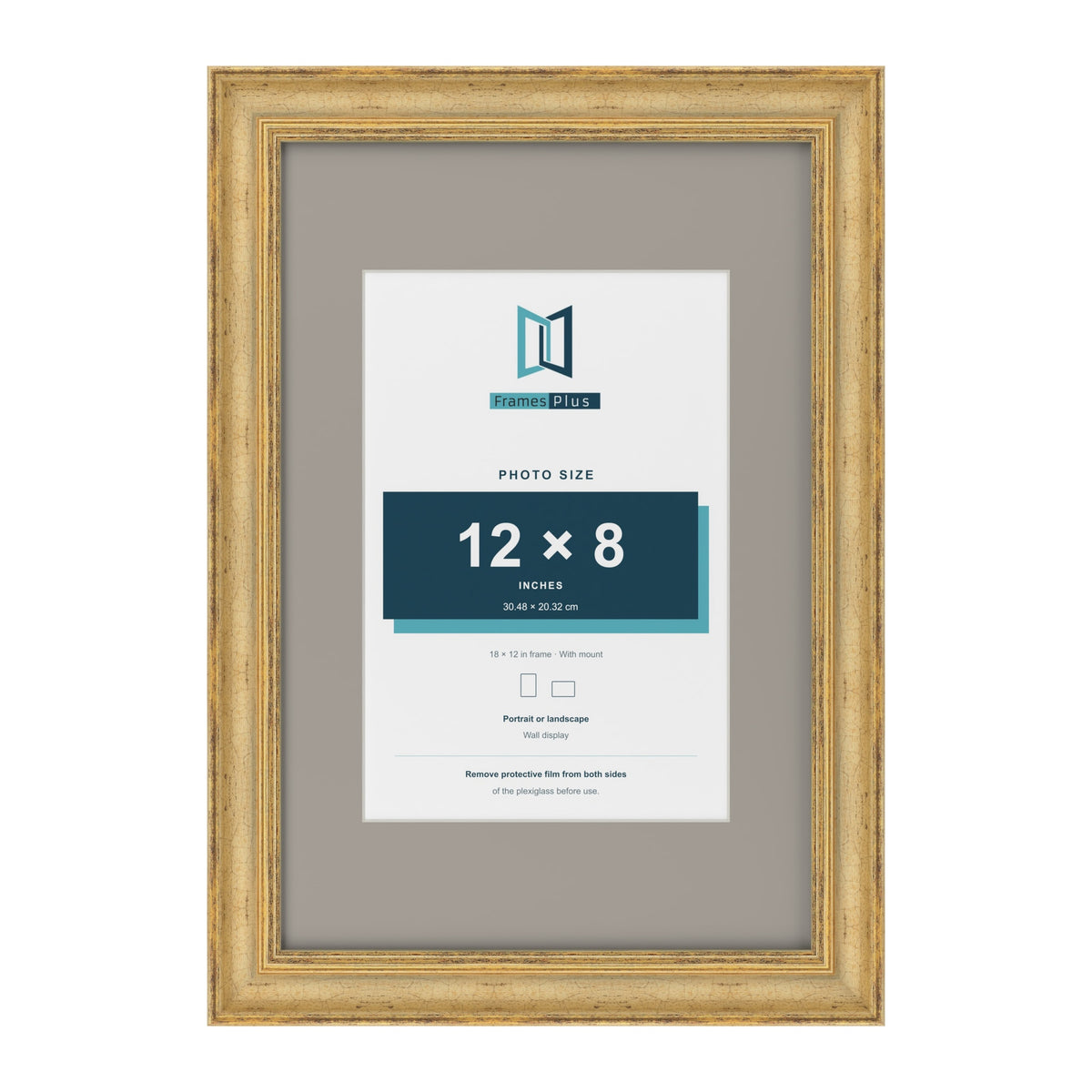 Cassis Gold 18 x 12 inch picture frame with a dawn grey mount for a 12 x 8 inch photo