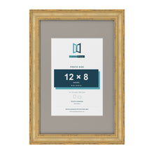 Cassis Gold 18 x 12 inch picture frame with a dawn grey mount for a 12 x 8 inch photo