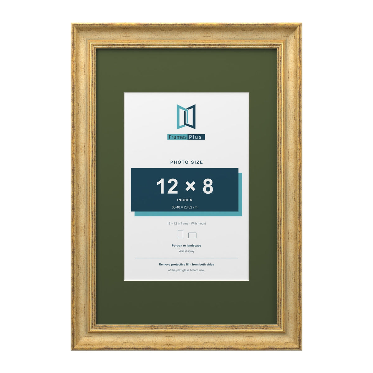 Cassis Gold 18 x 12 inch picture frame with a green mount for a 12 x 8 inch photo