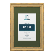 Cassis Gold 18 x 12 inch picture frame with a green mount for a 12 x 8 inch photo