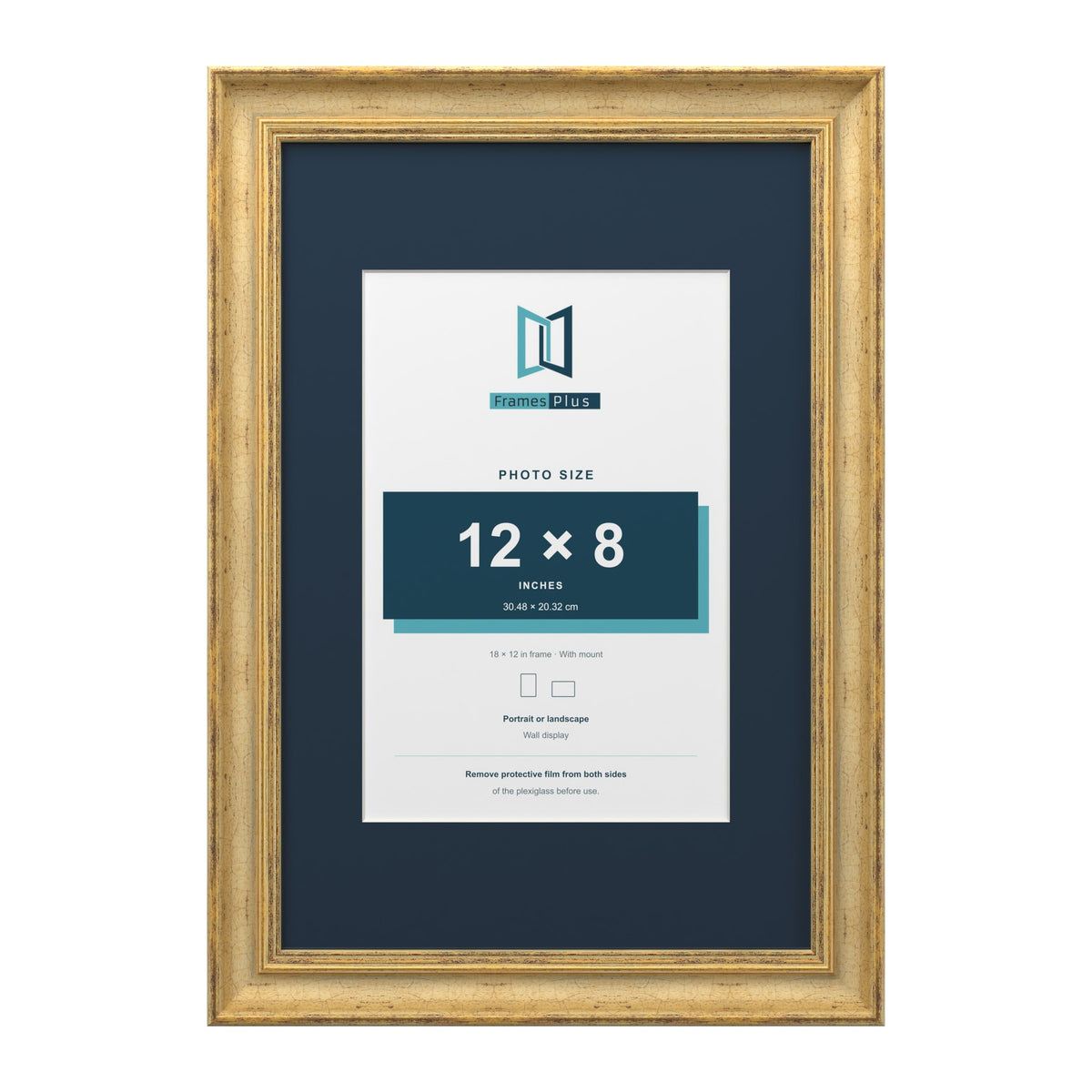 Cassis Gold 18 x 12 inch picture frame with a pacific blue mount for a 12 x 8 inch photo