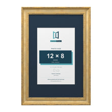 Cassis Gold 18 x 12 inch picture frame with a pacific blue mount for a 12 x 8 inch photo