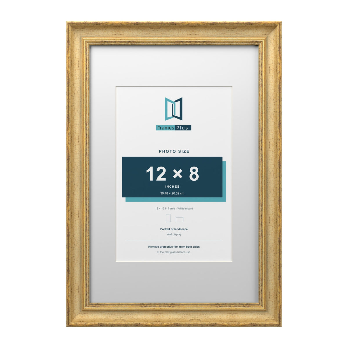 Cassis Gold 18 x 12 inch picture frame with a white mount for a 12 x 8 inch photo