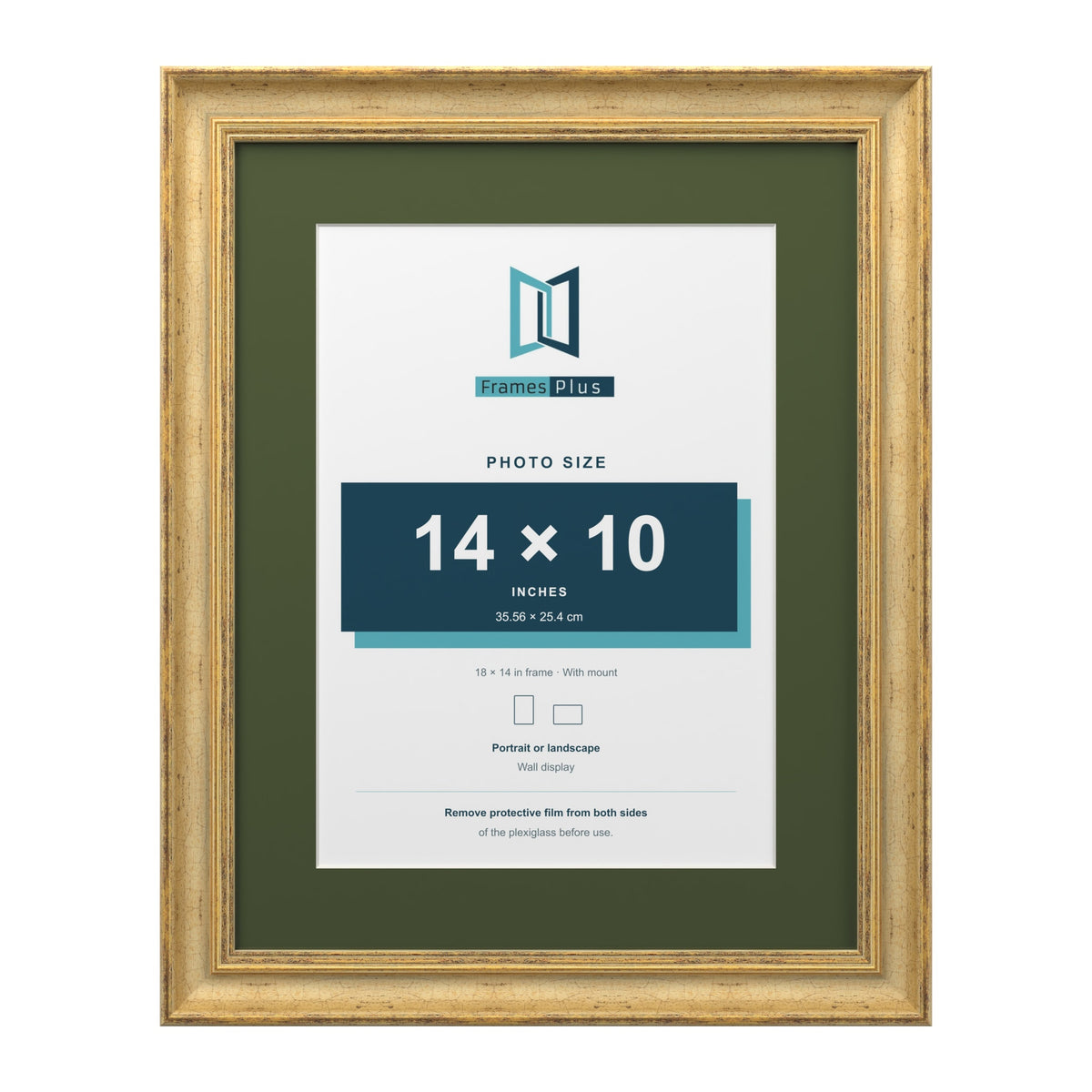 Cassis Gold 18 x 14 inch picture frame with a green mount for a 14 x 10 inch photo