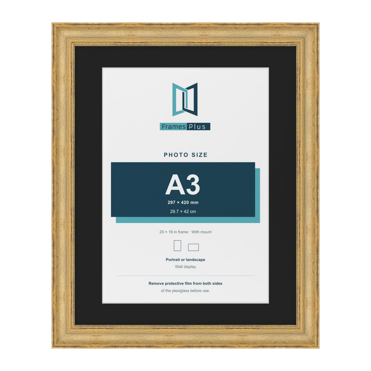 Cassis Gold 20 x 16 inch picture frame with a black mount for an A3 photo