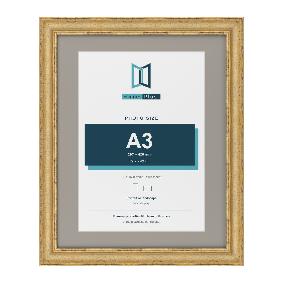 Cassis Gold 20 x 16 inch picture frame with a dawn grey mount for an A3 photo