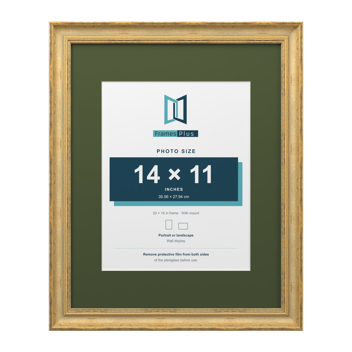 Cassis Gold 20 x 16 inch picture frame with a green mount for a 14 x 11 inch photo