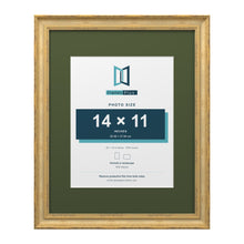 Cassis Gold 20 x 16 inch picture frame with a green mount for a 14 x 11 inch photo