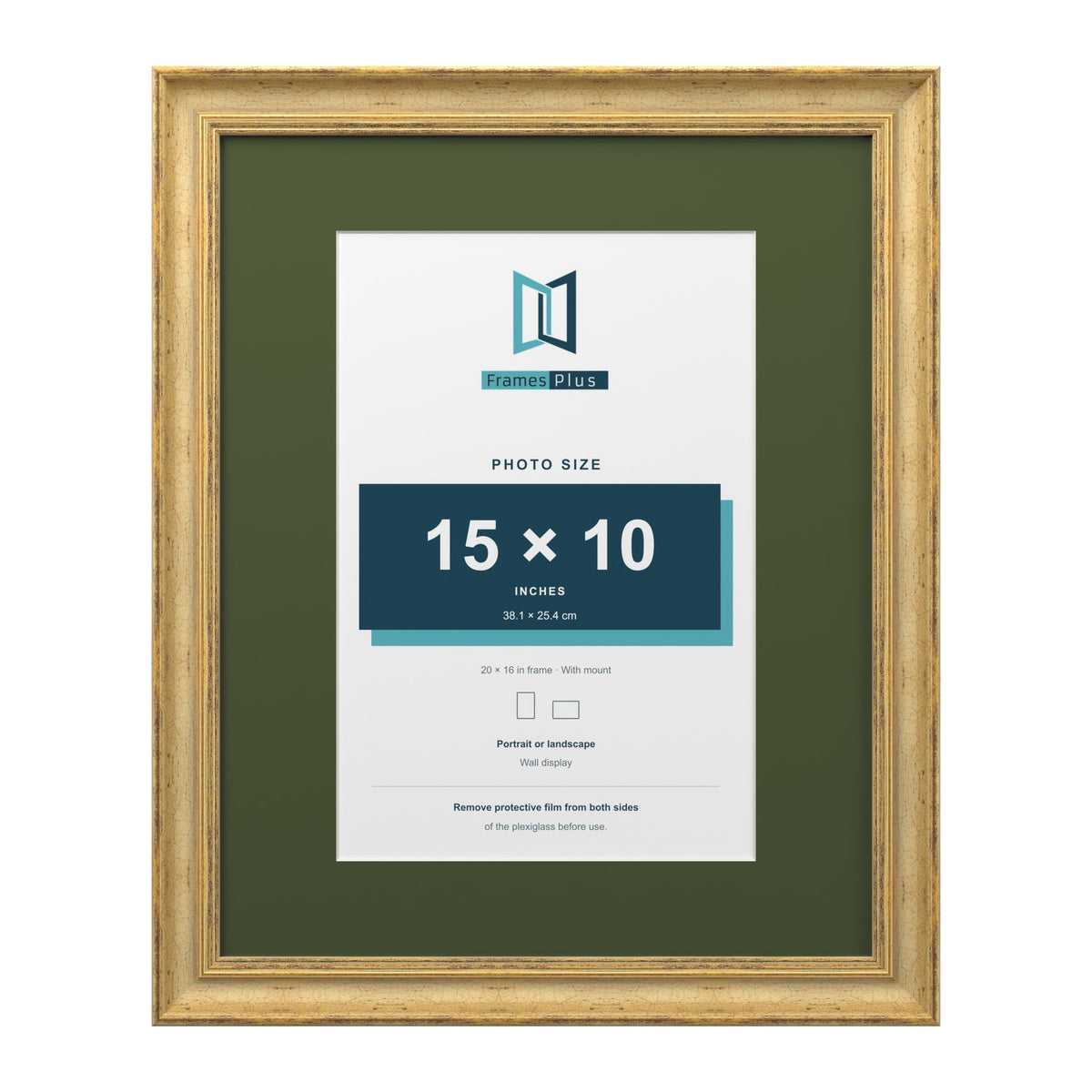 Cassis Gold 20 x 16 inch picture frame with a green mount for a 15 x 10 inch photo