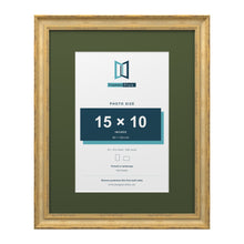 Cassis Gold 20 x 16 inch picture frame with a green mount for a 15 x 10 inch photo
