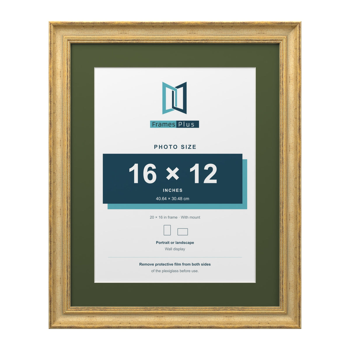 Cassis Gold 20 x 16 inch picture frame with a green mount for a 16 x 12 inch photo