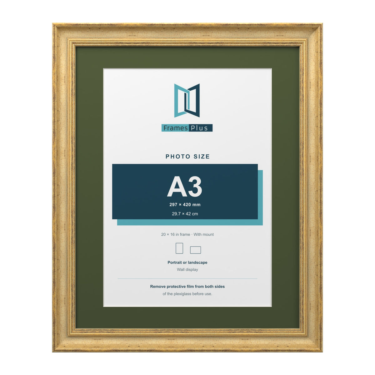 Cassis Gold 20 x 16 inch picture frame with a green mount for an A3 photo