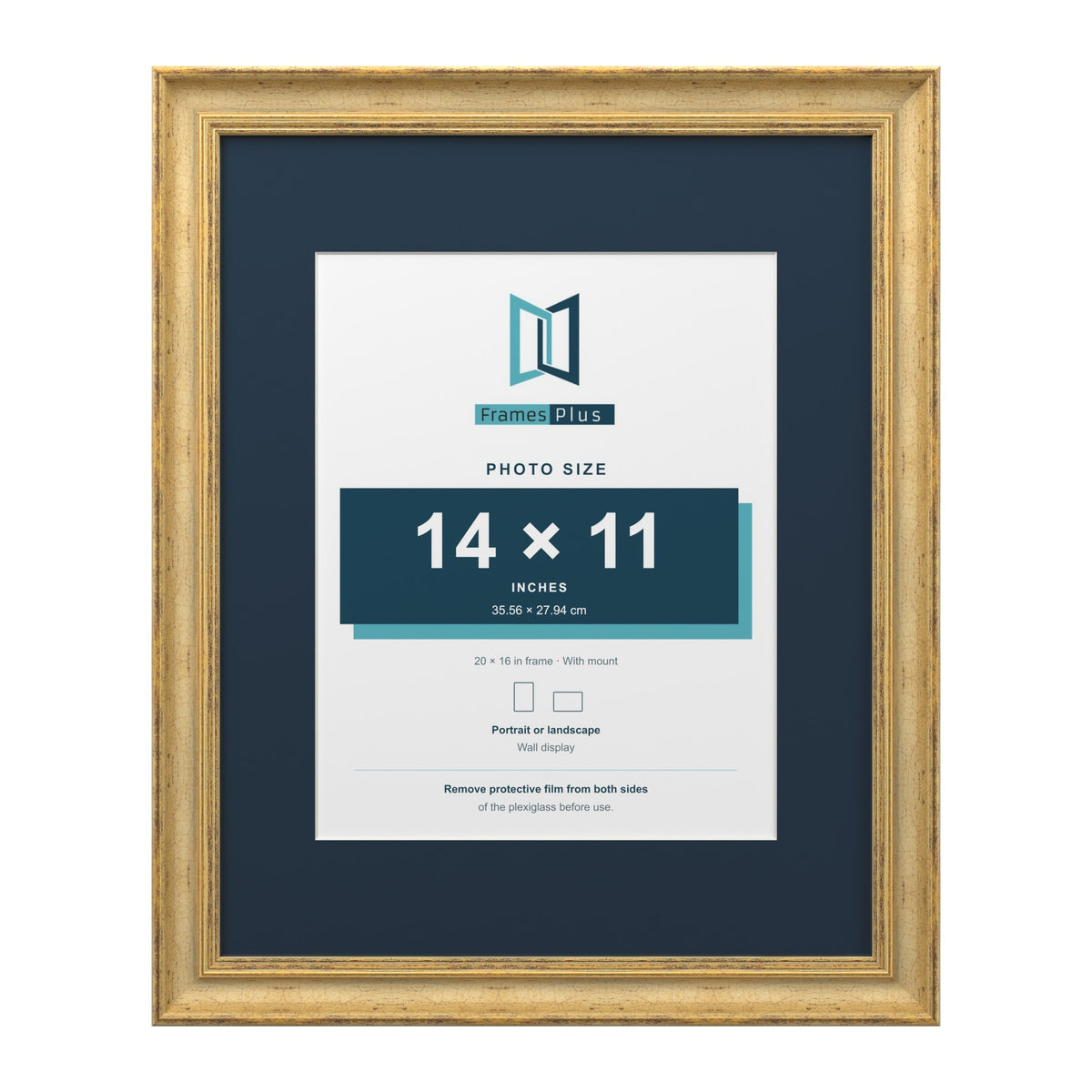 Cassis Gold 20 x 16 inch picture frame with a pacific blue mount for a 14 x 11 inch photo