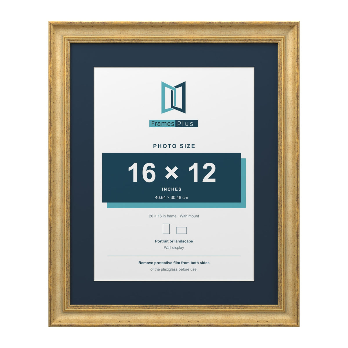 Cassis Gold 20 x 16 inch picture frame with a pacific blue mount for a 16 x 12 inch photo