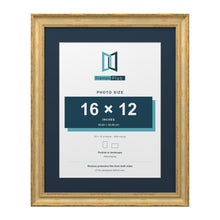 Cassis Gold 20 x 16 inch picture frame with a pacific blue mount for a 16 x 12 inch photo