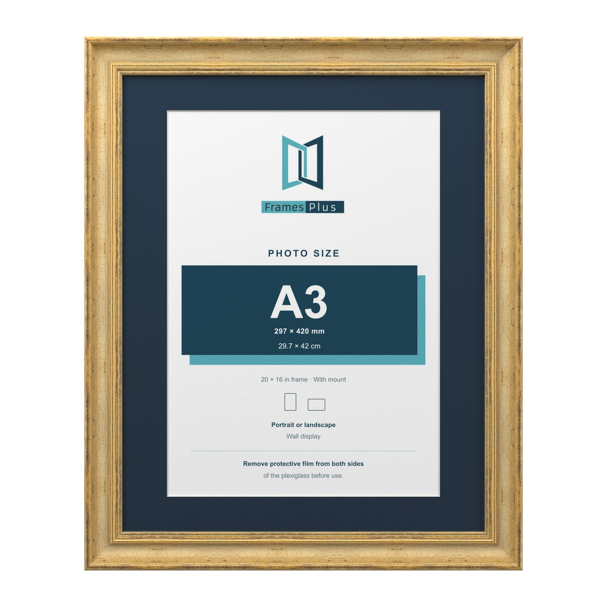 Cassis Gold 20 x 16 inch picture frame with a pacific blue mount for an A3 photo