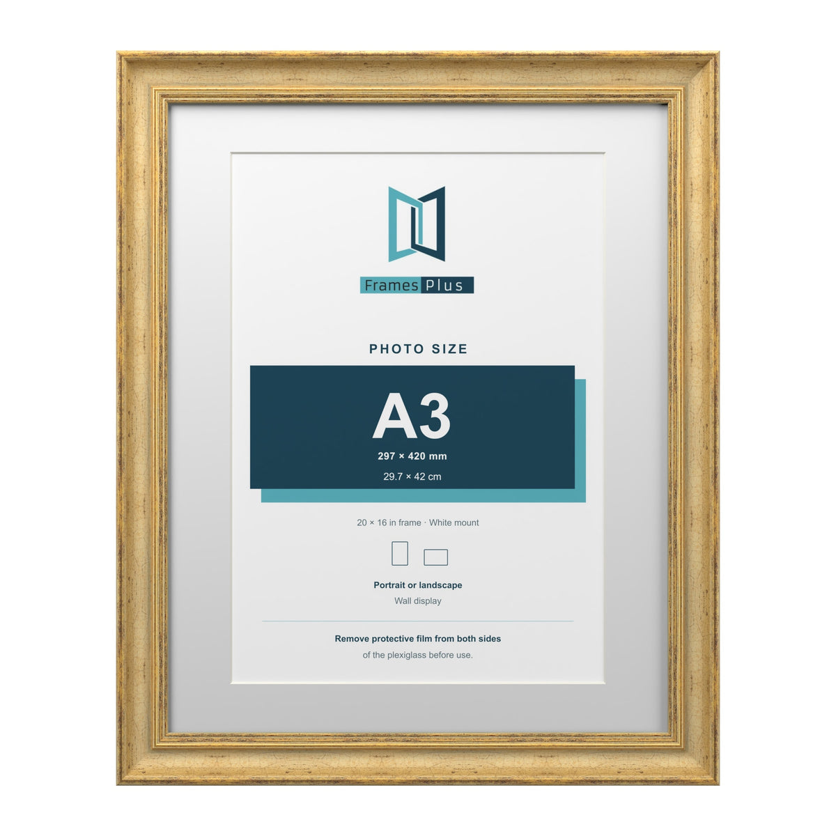 Cassis Gold 20 x 16 inch picture frame with a white mount for an A3 photo