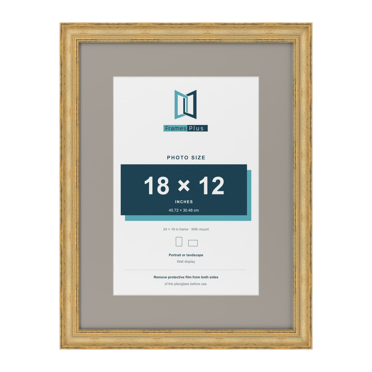 Cassis Gold 24 x 18 inch picture frame with a dawn grey mount for an 18 x 12 inch photo