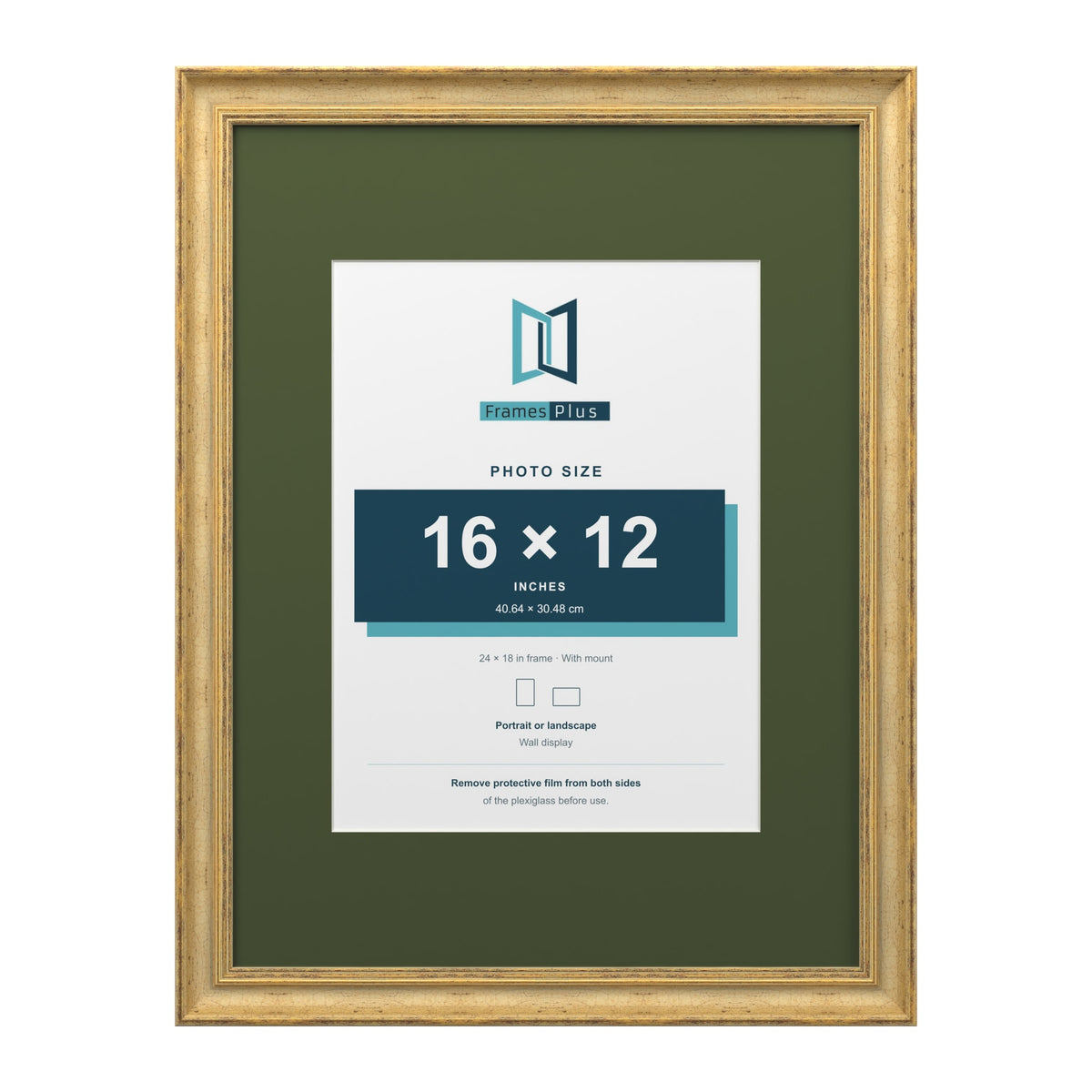 Cassis Gold 24 x 18 inch picture frame with a green mount for a 16 x 12 inch photo