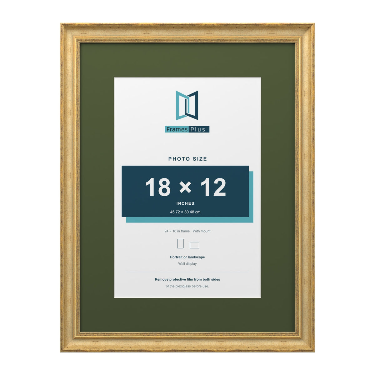 Cassis Gold 24 x 18 inch picture frame with a green mount for an 18 x 12 inch photo