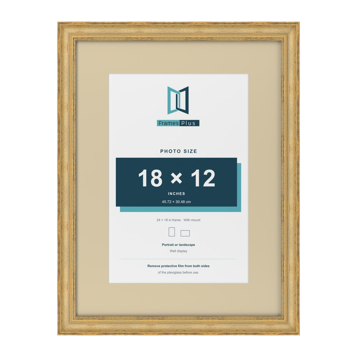 Cassis Gold 24 x 18 inch picture frame with an ivory mount for an 18 x 12 inch photo