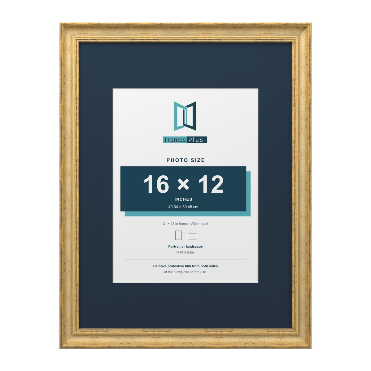 Cassis Gold 24 x 18 inch picture frame with a pacific blue mount for a 16 x 12 inch photo