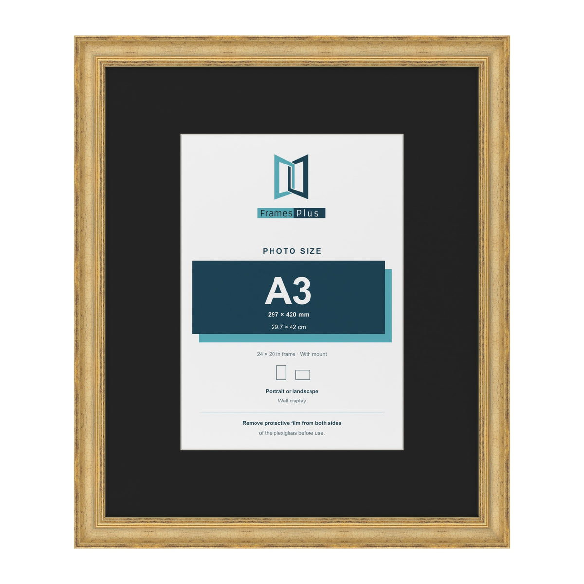 Cassis Gold 24 x 20 inch picture frame with a black mount for an A3 photo